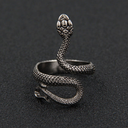 Rockyu 指輪 スネークデザイン フリーサイズ シルバー＆ブラック ステンレス製 男女兼用 お守りリング