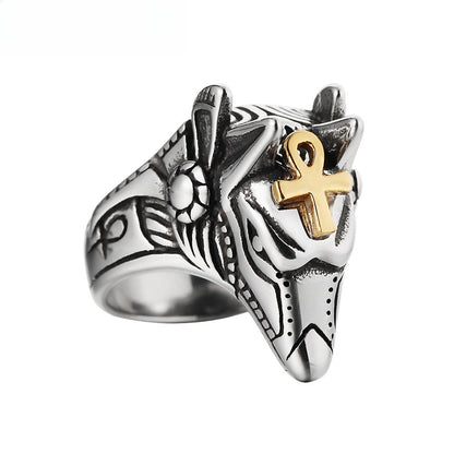 Rockyu メンズ ウルフヘッドリング アンク十字付き シルバー チタン風デザイン