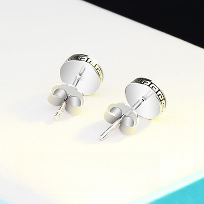 Rockyu ピアス メンズ 黒 円形 シルバー925 長城模様 スタッドイヤリング