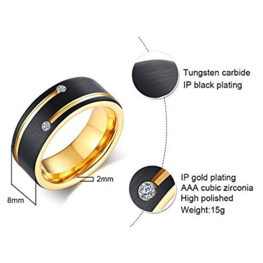 Rockyu タングステンリング メンズ レディース兼用 8mm ブラック＆ゴールド キュービックジルコニア埋込デザイン