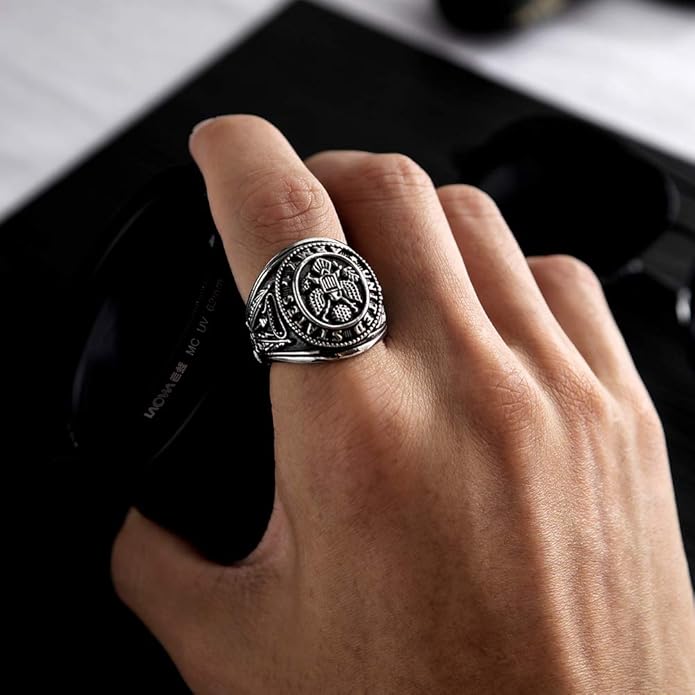 Rockyu メンズ チタン風ステンレスリング イーグル記章デザイン 重厚ゴールドリング