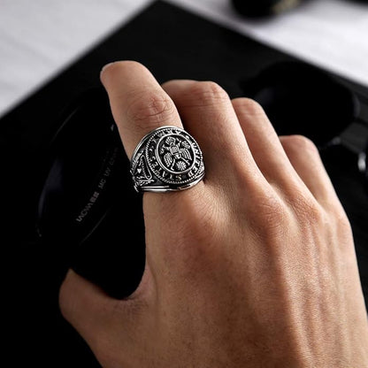 Rockyu メンズ チタン風ステンレスリング イーグル記章デザイン 重厚ゴールドリング