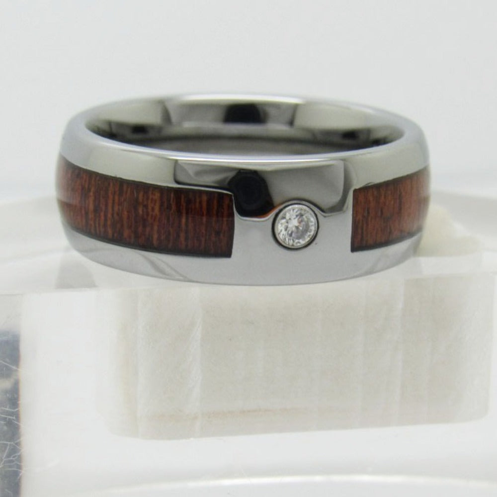 Rockyu タングステンカーバイドリング メンズ 8mm 木目インレイ ジルコニア シルバー 重厚感デザイン
