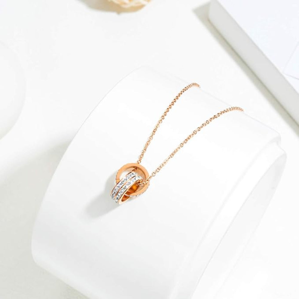 Rockyu ネックレス レディース ピンクゴールド 2連リングペンダント CZ輝石付き