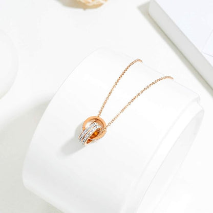 Rockyu ネックレス レディース ピンクゴールド 2連リングペンダント CZ輝石付き