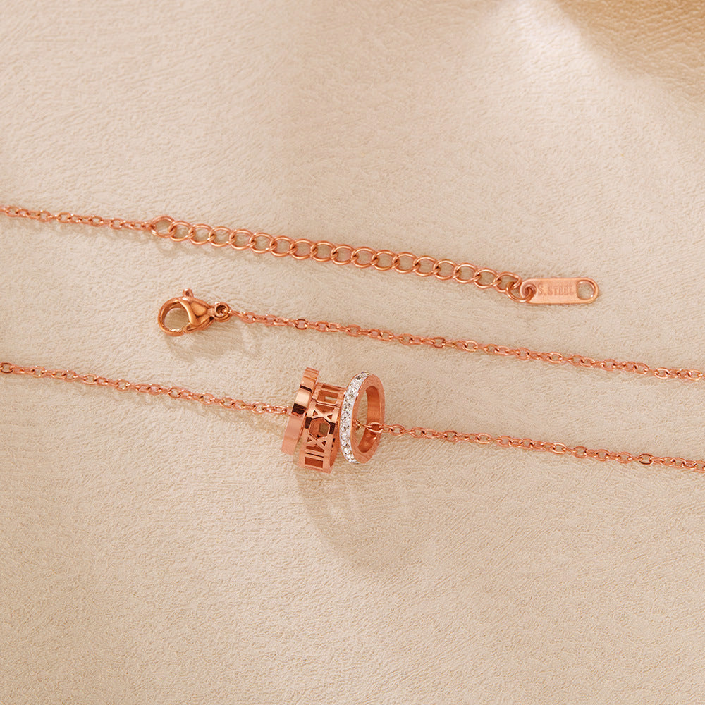 Rockyu ネックレス レディース ローマ数字 3連リングネックレス 18Kピンクゴールド キュービックジルコニア付