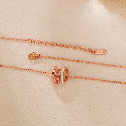 Rockyu ネックレス レディース ローマ数字 3連リングネックレス 18Kピンクゴールド キュービックジルコニア付