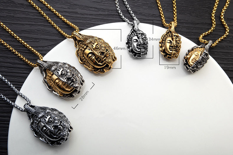 Rockyu ブッダ＆デーモンペンダント メンズネックレス ステンレス製 ゴールド＆シルバー 厄除けデザイン