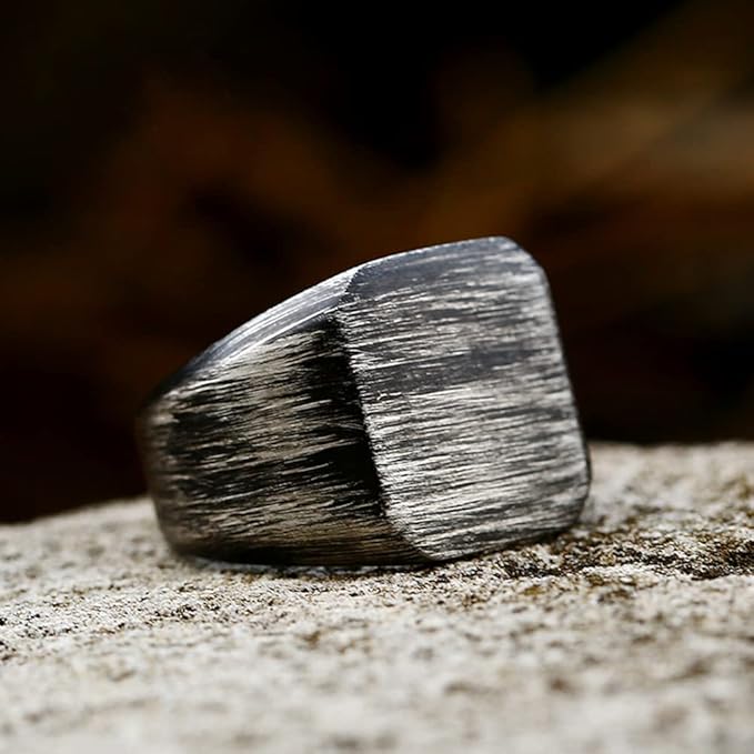 Rockyu メンズ ヴィンテージ印台リング｜幅広 ステンレス製 ブラッシュ仕上げ 指輪