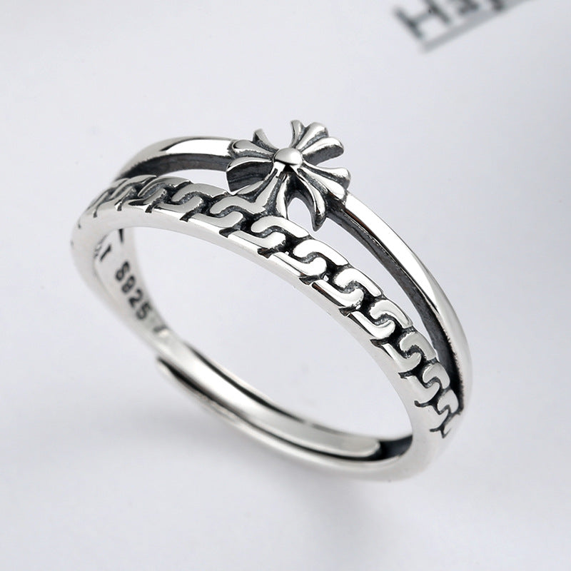 Rockyu シルバー925 レディースリング｜クロス＆チェーン風デザイン 二連風フリーサイズリング