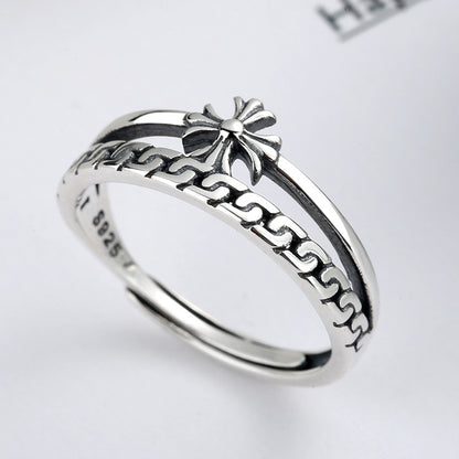 Rockyu シルバー925 レディースリング｜クロス＆チェーン風デザイン 二連風フリーサイズリング