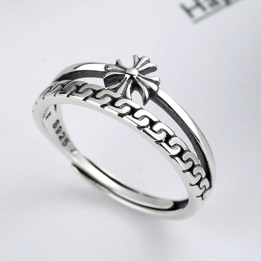 Rockyu シルバー925 レディースリング｜クロス＆チェーン風デザイン 二連風フリーサイズリング