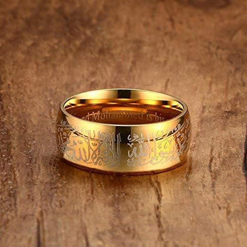 Rockyu メンズ ゴールドリング｜六字真言刻印 ステンレス製 8mm 幅広デザイン