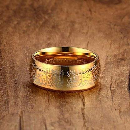 Rockyu メンズ ゴールドリング｜六字真言刻印 ステンレス製 8mm 幅広デザイン