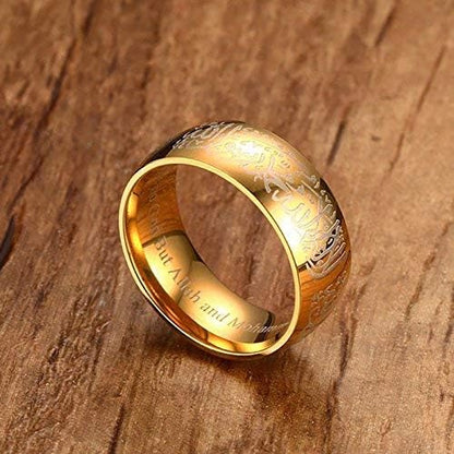 Rockyu メンズ ゴールドリング｜六字真言刻印 ステンレス製 8mm 幅広デザイン