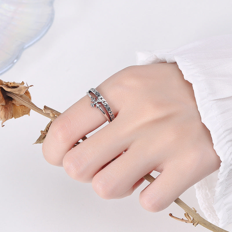 Rockyu シルバー925 レディースリング｜クロス＆チェーン風デザイン 二連風フリーサイズリング