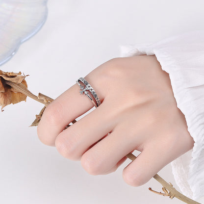 Rockyu シルバー925 レディースリング｜クロス＆チェーン風デザイン 二連風フリーサイズリング