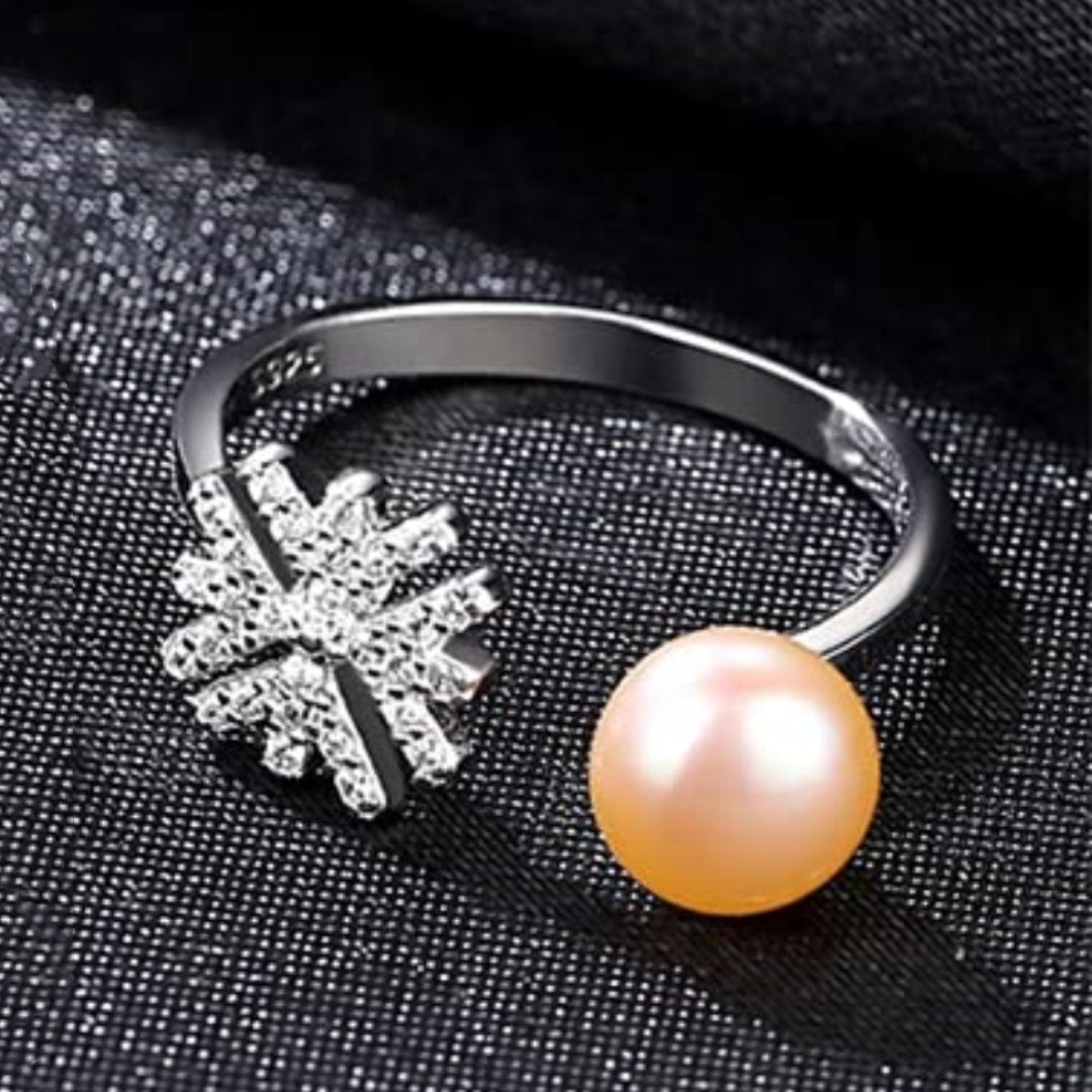 Rockyu レディースリング フリーサイズ パール＆雪の結晶モチーフ 指輪