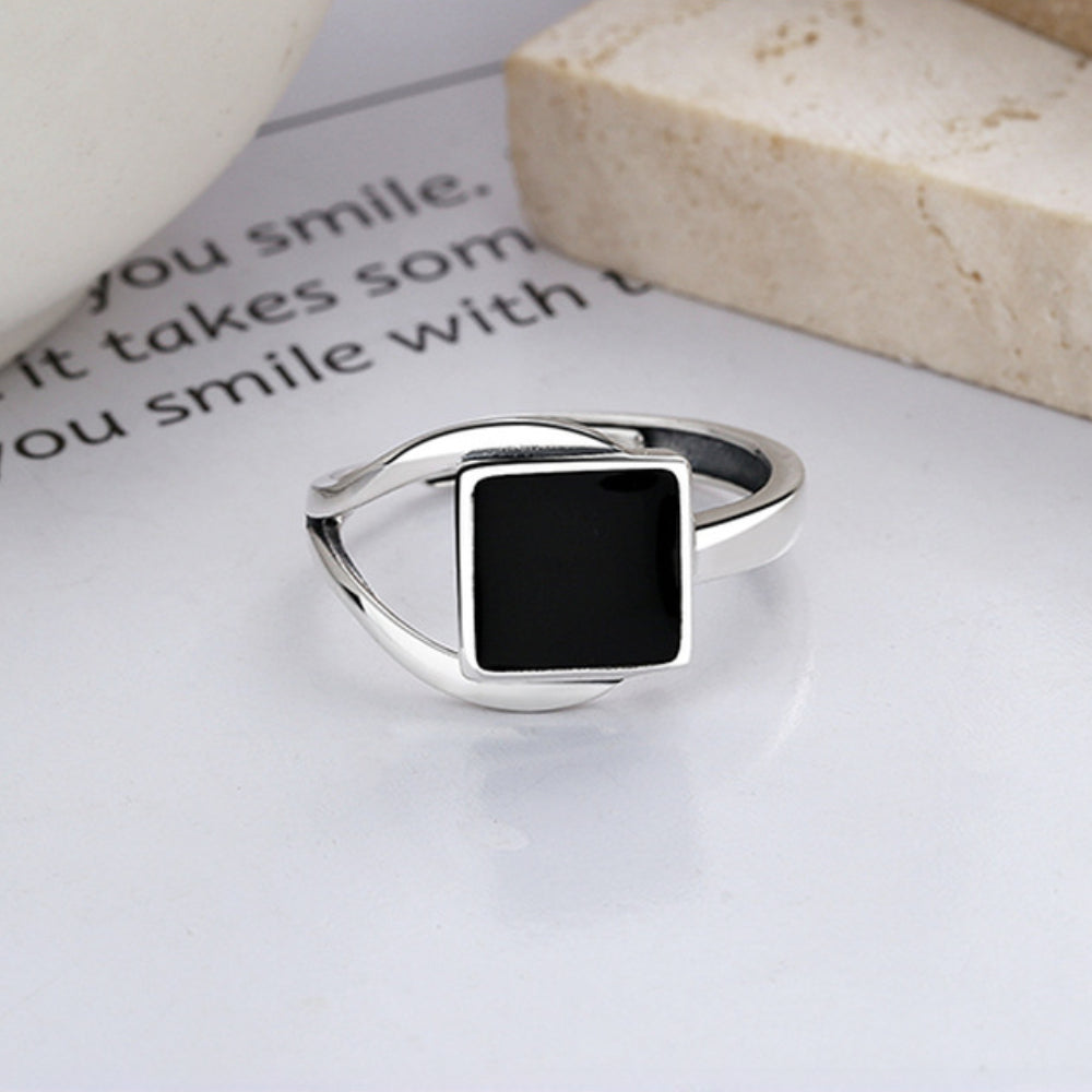 Rockyu シルバー925リング 正方形ブラックストーン 男女兼用 フリーサイズリング