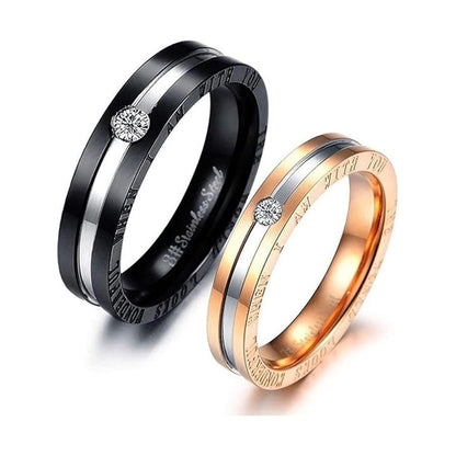 Rockyu ペアリング ステンレス製 一粒ジルコニア付き ブラック＆ピンクゴールドリング