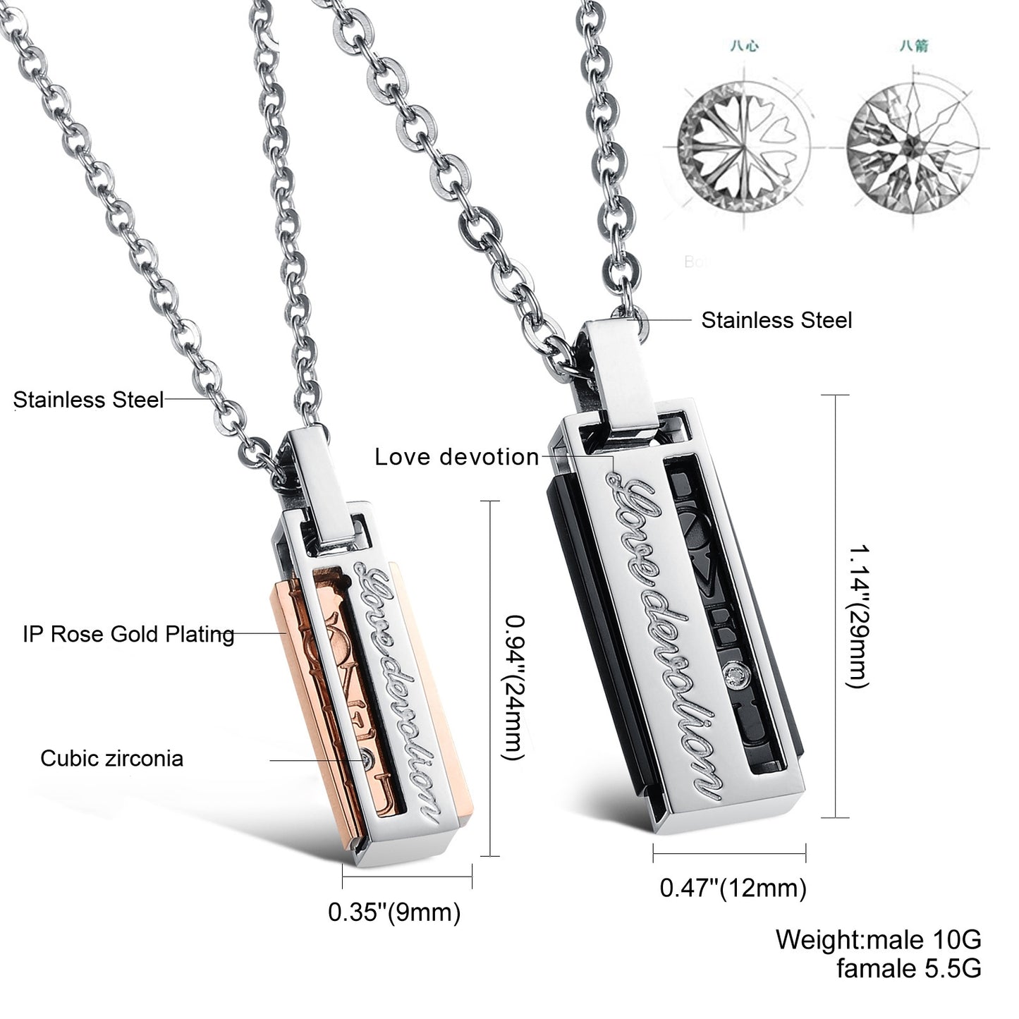 Rockyu ペアネックレス LOVE-U刻印 長方形プレート ジルコニア付き ステンレス製