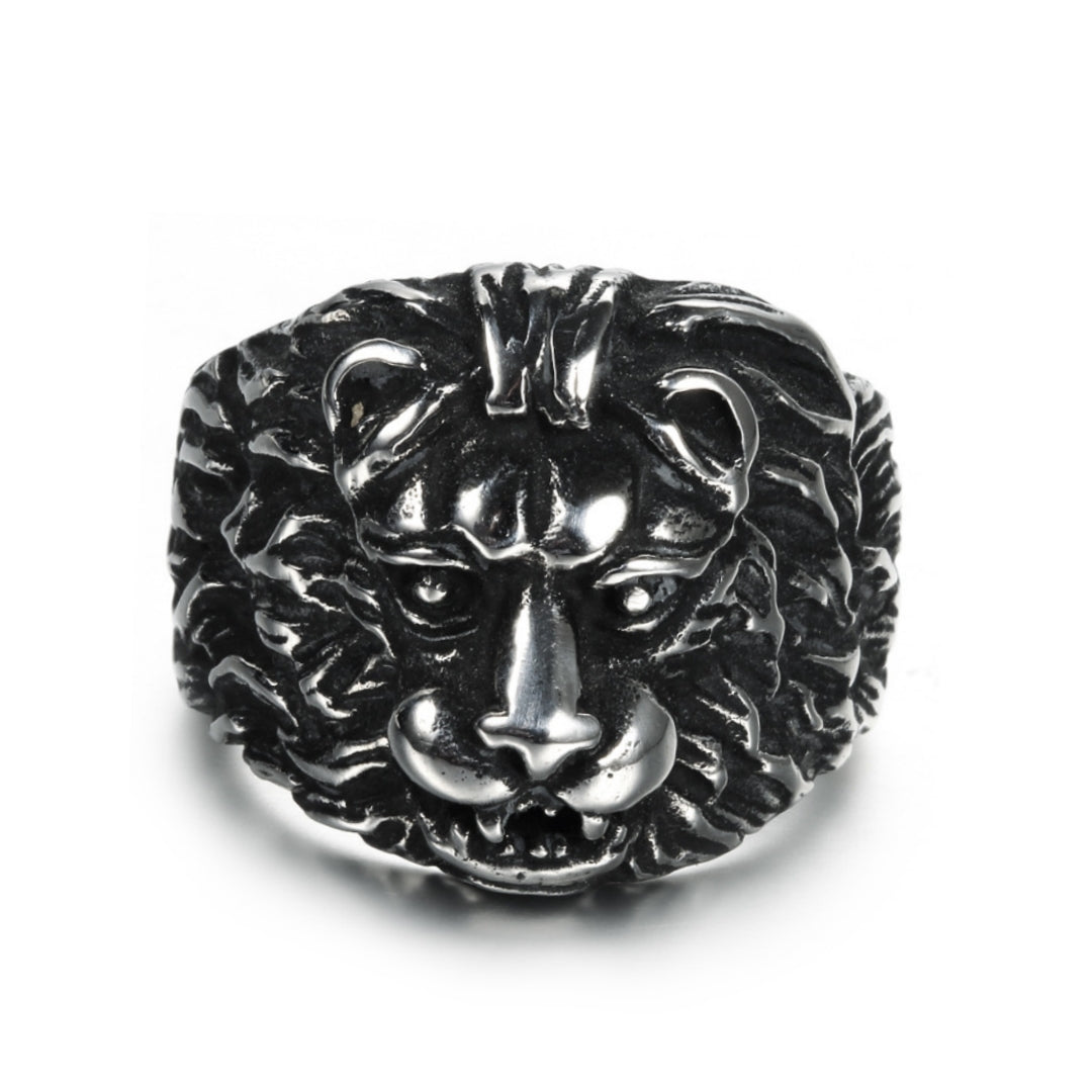 Rockyu ライオンヘッドリング メンズ ステンレス製 アンティークブラック仕上げ