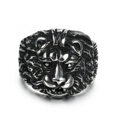 Rockyu ライオンヘッドリング メンズ ステンレス製 アンティークブラック仕上げ