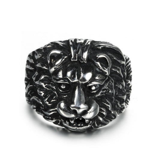 Rockyu ライオンヘッドリング メンズ ステンレス製 アンティークブラック仕上げ