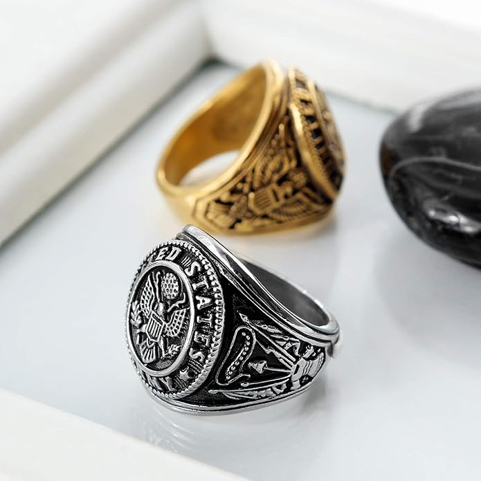 Rockyu メンズ チタン風ステンレスリング イーグル記章デザイン 重厚ゴールドリング
