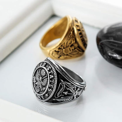 Rockyu メンズ チタン風ステンレスリング イーグル記章デザイン 重厚ゴールドリング