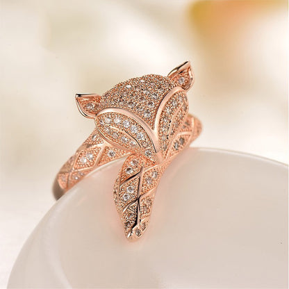 Rockyu 指輪 レディース 小狐デザイン 開口リング キュービックジルコニア付き 玫瑰金・シルバー仕上げ