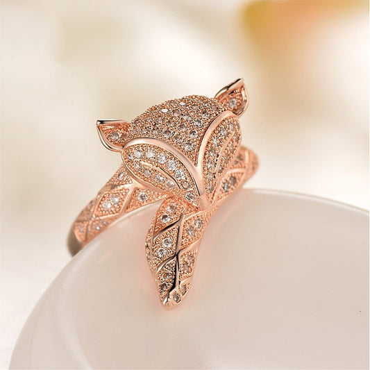 Rockyu 指輪 レディース 小狐デザイン 開口リング キュービックジルコニア付き 玫瑰金・シルバー仕上げ