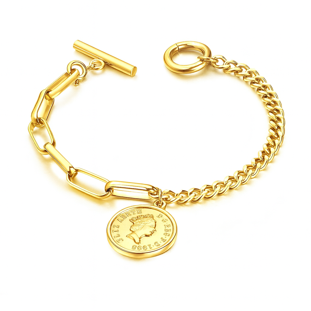 Rockyu ブレスレット レディース ピンクゴールド メダルデザイン アンティーク風 ステンレス