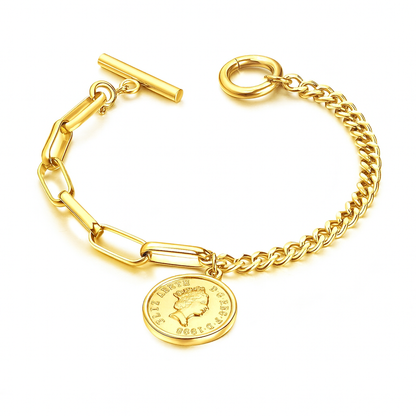 Rockyu ブレスレット レディース ピンクゴールド メダルデザイン アンティーク風 ステンレス